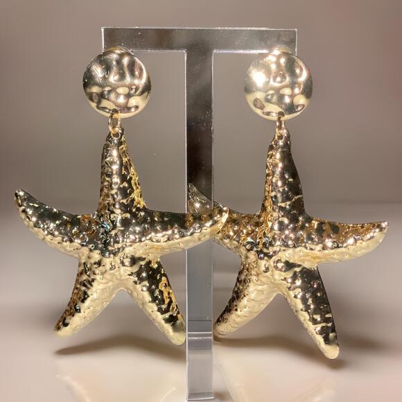 New Mermaid Yellow Gold Metallic Star fish Earrings Starfish Drop Metal Textured - Picture 2 of 2
